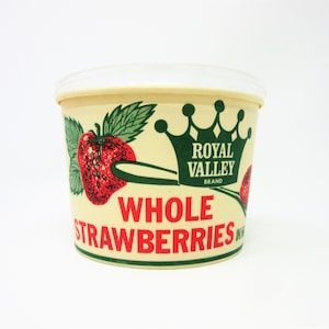 Vintage Unused Royal Valley Whole Strawberries Dixie Cup Container Featuring a Spoon Holding a Large Strawberry Farmhouse Home Kitchen Decor