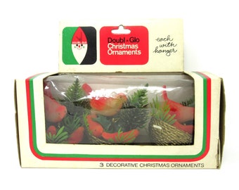 Vintage Doubl-Glo Christmas Tree Ornaments Featuring 3 Red Flocked Plastic Birds in a Nest Decorations for Your Holiday Home Decor Kitschmas