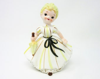 Vintage Porcelain Lefton Blonde Girl Figurine Wearing a White and Yellow Ruffled Dress and Holding a Parasol Umbrella, Home Decor Gift Idea