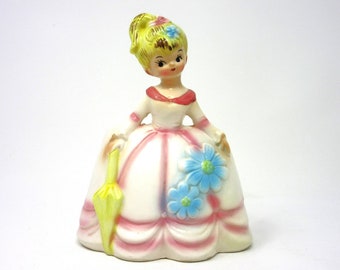 Vintage Planter Featuring a Girl Wearing a Pink Dress with Blue Daisy Flowers and Holding a Yellow Umbrella Great Home Decor Gift Idea Japan