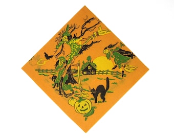 Vintage Halloween Orange Crepe Paper Napkin Featuring Three Witch Hags on Brooms, Black Cats, and Pumpkins, Fall Holiday Party Decoration