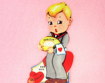 Vintage Unused Mechanical Valentines Day Greeting Card Featuring a Boy Waiter Waiting for You Valentine Retro Kids School Valentines Love