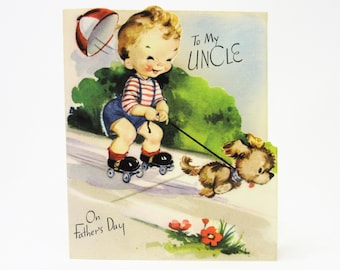 Vintage Unused Fathers Day Greeting Card To My Uncle Featuring A Smiling Young Boy on Roller Skates Being Pulled By His Pet Dog, Rust Craft