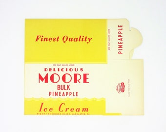 Vintage Unused Moore Pineapple Ice Cream Box Featuring Retro Yellow White and Red Colors Mid-Century Home or Kitchen Decor Dairy Advertising