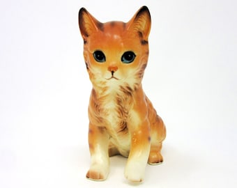 Vintage Porcelain Lefton Cat Figurine, Orange Tabby with Blue Eyes and Tiger Stripes, Lifelike House Pet, Cats Kitten Gift Idea, Home Decor