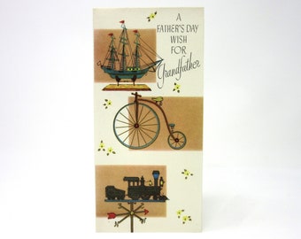 Vintage Unused Fathers Day Greeting Card A Wish For Grandfather Featuring a Sailboat, Old Fashioned Bicycle, and a Train Weathervane Grandpa