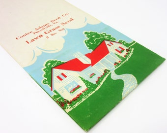 Vintage Unused Paper Lawn Grass Seed Bag Featuring a House with a Red Roof, Display as Home Decor Farmhouse Decor Use as a Gift Card Holder