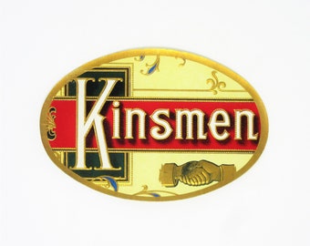 Vintage Kinsmen Brand Cigar Box Label Featuring Embossed Shiny Lettering Gold Border, Junk Journals, Decoupage Scrapbook Ephemera Tobacciana