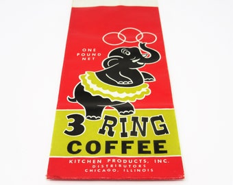 Vintage Unused Paper 3 Ring One Pound Coffee Bag With Circus Elephant Wearing a Tutu Farmhouse Style Home or Kitchen Decor Frame as Wall Art