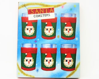 Vintage Christmas Santa Claus Coasters Set of 6 Glass Drink Covers or Koozies with Santa Faces and Original Box Holiday Party Decorations