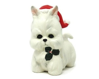 Vintage Lefton Christmas Dog Figurine with Santa Claus Hat and Green Holly Berry Collar Festive Holiday Decoration Westie Terrier Gift Idea