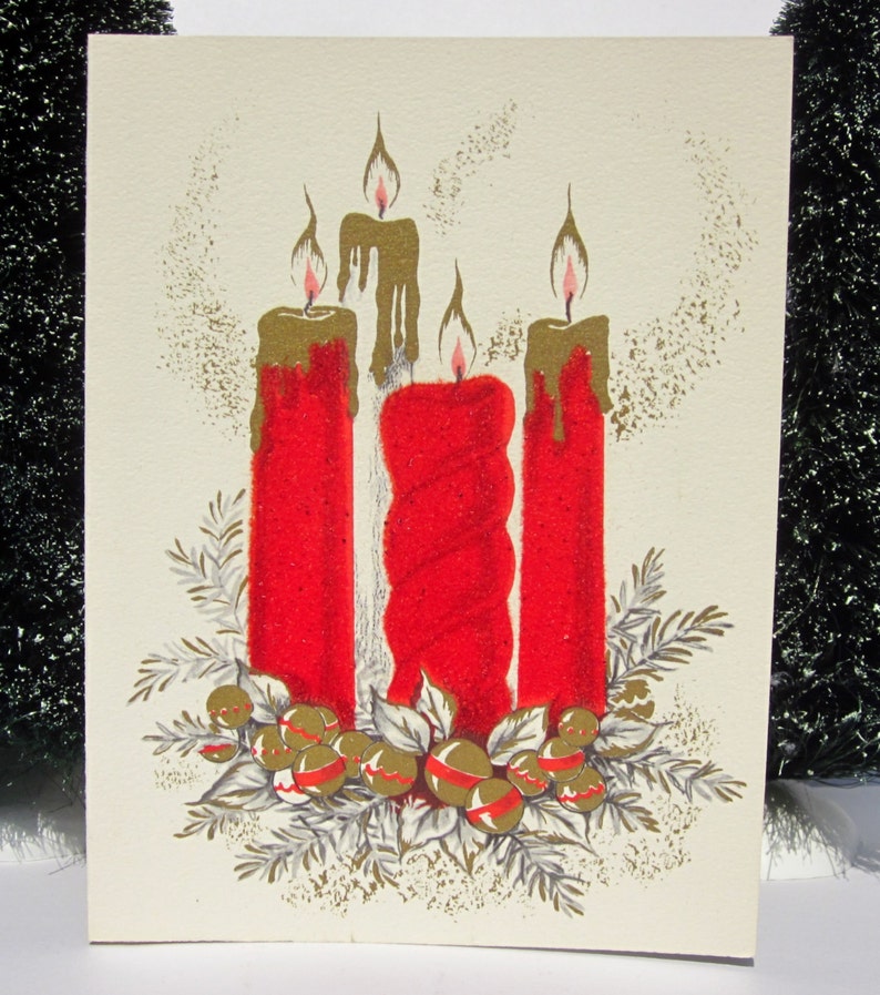 Vintage Unused Christmas Card Featuring Red Flocked Candles With Glitter Accents Surrounded by a Advent Wreath of Holiday Bells Made in USA image 9