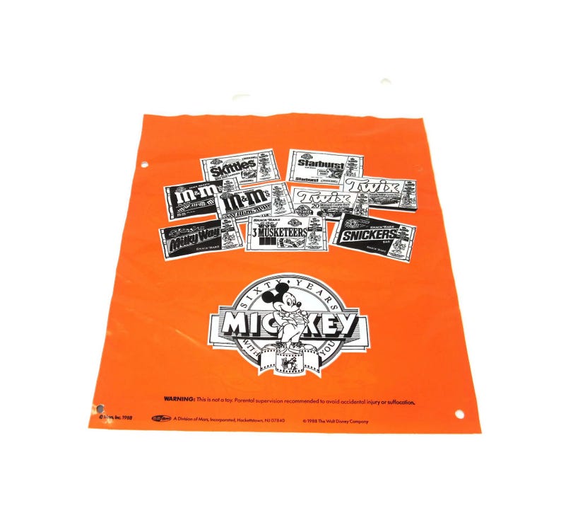 Vintage 1988 Unused Plastic Walt Disney Mickey Mouse Halloween Trick or Treat Candy Bag with Pumpkins M&M's Candies Collectible Disneyana image 2