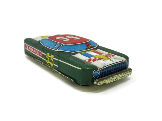Vintage Metal Tin Litho Friction France Race Car Toy With Bright