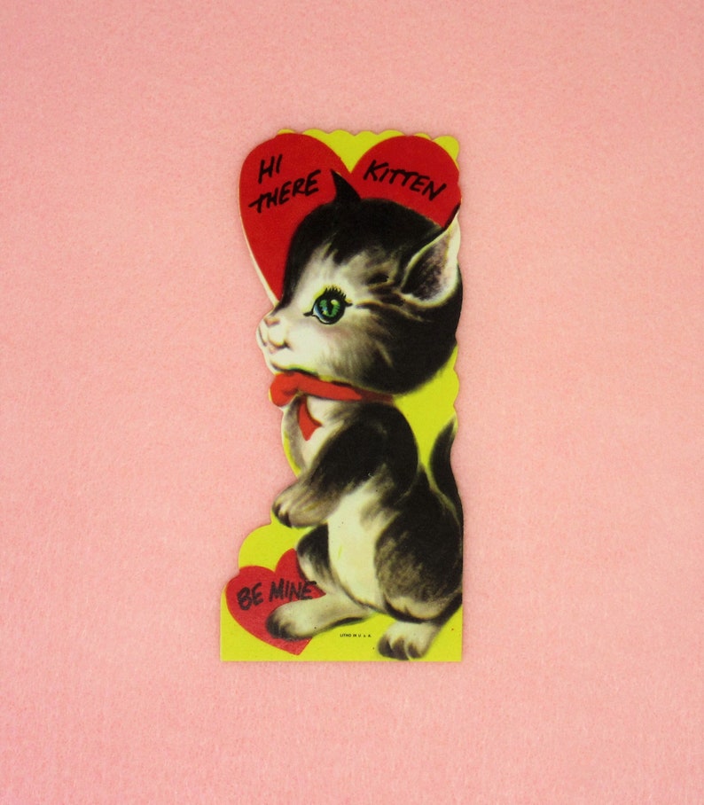 Vintage Unused Valentines Day Card Featuring a Retro Kitty with Green Eyes Hi There Kitten Be Mine Perfect for Your Valentine or Sweetheart image 1