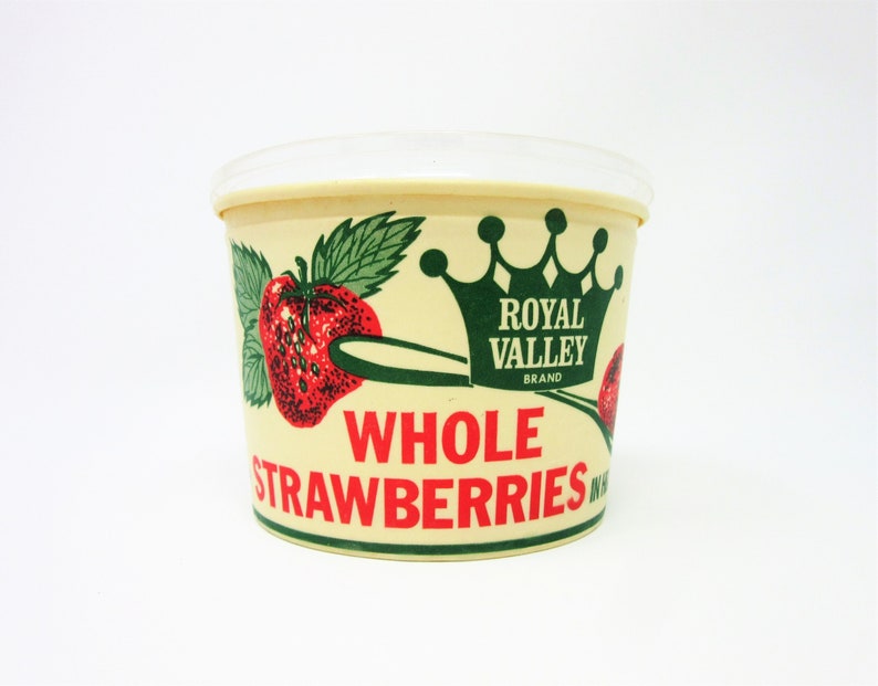 Vintage Unused Royal Valley Whole Strawberries Dixie Cup Container Featuring a Spoon Holding a Large Strawberry Farmhouse Home Kitchen Decor image 1