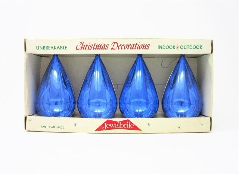 Vintage Jewelbrite Christmas Tree Ornaments Blue Teardrop Shape Set of Four in Original Box Shiny Plastic Unbreakable Holiday Decorations image 3