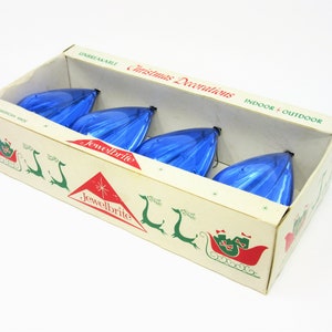 Vintage Jewelbrite Christmas Tree Ornaments Blue Teardrop Shape Set of Four in Original Box Shiny Plastic Unbreakable Holiday Decorations image 10