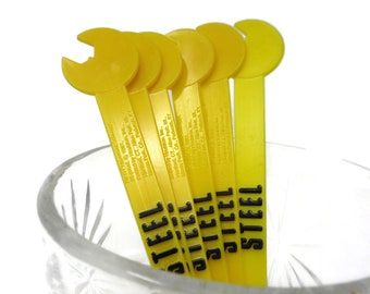 Vintage Steel Peppermint Schnapps Yellow Swizzle Sticks Wrench Shaped Retro Cocktail Drink Stirrers Summer Patio Party Barware Kitchen Decor