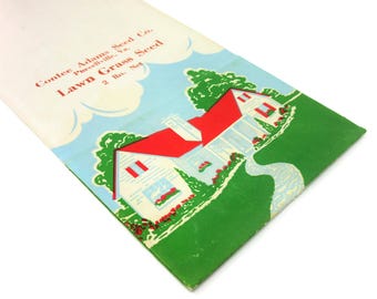 Vintage Unused Paper Lawn Grass Seed Bag Featuring a House with a Red Roof, Display as Home Decor Farmhouse Decor Use as a Gift Card Holder