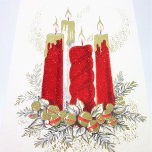 Vintage Unused Christmas Card Featuring Red Flocked Candles With Glitter Accents Surrounded by a Advent Wreath of Holiday Bells Made in USA image 7