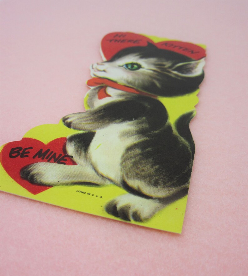 Vintage Unused Valentines Day Card Featuring a Retro Kitty with Green Eyes Hi There Kitten Be Mine Perfect for Your Valentine or Sweetheart image 8