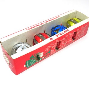 Vintage Plastic Jewelbrite Round Christmas Tree Ornaments Set of 4 Holiday Decorations Original Box Silver, Gold, Red and Blue Floral Design image 9