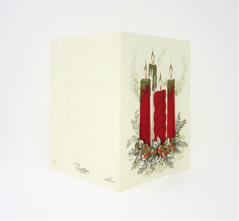 Vintage Unused Christmas Card Featuring Red Flocked Candles With Glitter Accents Surrounded by a Advent Wreath of Holiday Bells Made in USA image 4