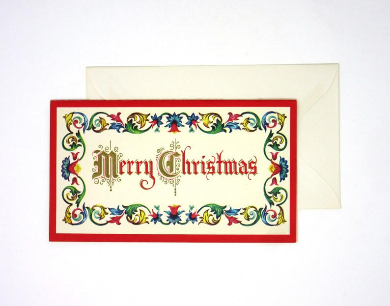 Vintage Unused Merry Christmas and Happy New Year Embossed Greeting Card with Festive Red Border and Floral Design Holiday Season Greetings zdjęcie 4