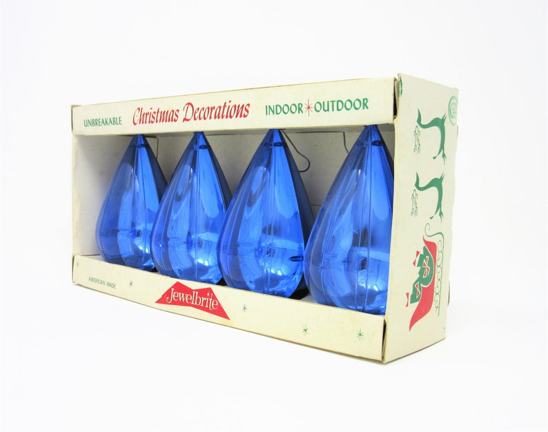 Vintage Jewelbrite Christmas Tree Ornaments Blue Teardrop Shape Set of Four in Original Box Shiny Plastic Unbreakable Holiday Decorations image 1