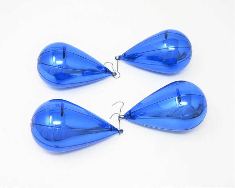 Vintage Jewelbrite Christmas Tree Ornaments Blue Teardrop Shape Set of Four in Original Box Shiny Plastic Unbreakable Holiday Decorations image 6