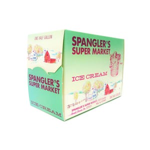 Vintage Unused Spangler&#39;s Super Market Ice Cream Box Featuring Retro Winter Snow Farmhouse and Farm Scene, Home or Kitchen Decor Advertising