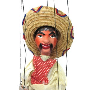 Vintage Wooden Mexican Bandit Marionette Folk Art Toy String Puppet with Sombrero Pistol Gun Paper Mache Mexico Souvenir Airplane Control