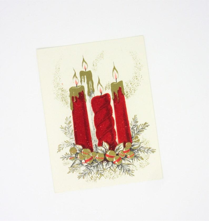 Vintage Unused Christmas Card Featuring Red Flocked Candles With Glitter Accents Surrounded by a Advent Wreath of Holiday Bells Made in USA image 1