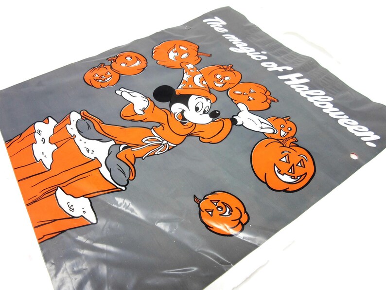Vintage 1988 Unused Plastic Walt Disney Mickey Mouse Halloween Trick or Treat Candy Bag with Pumpkins M&M's Candies Collectible Disneyana image 4