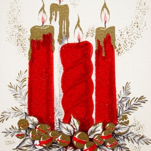 Vintage Unused Christmas Card Featuring Red Flocked Candles With Glitter Accents Surrounded by a Advent Wreath of Holiday Bells Made in USA image 10