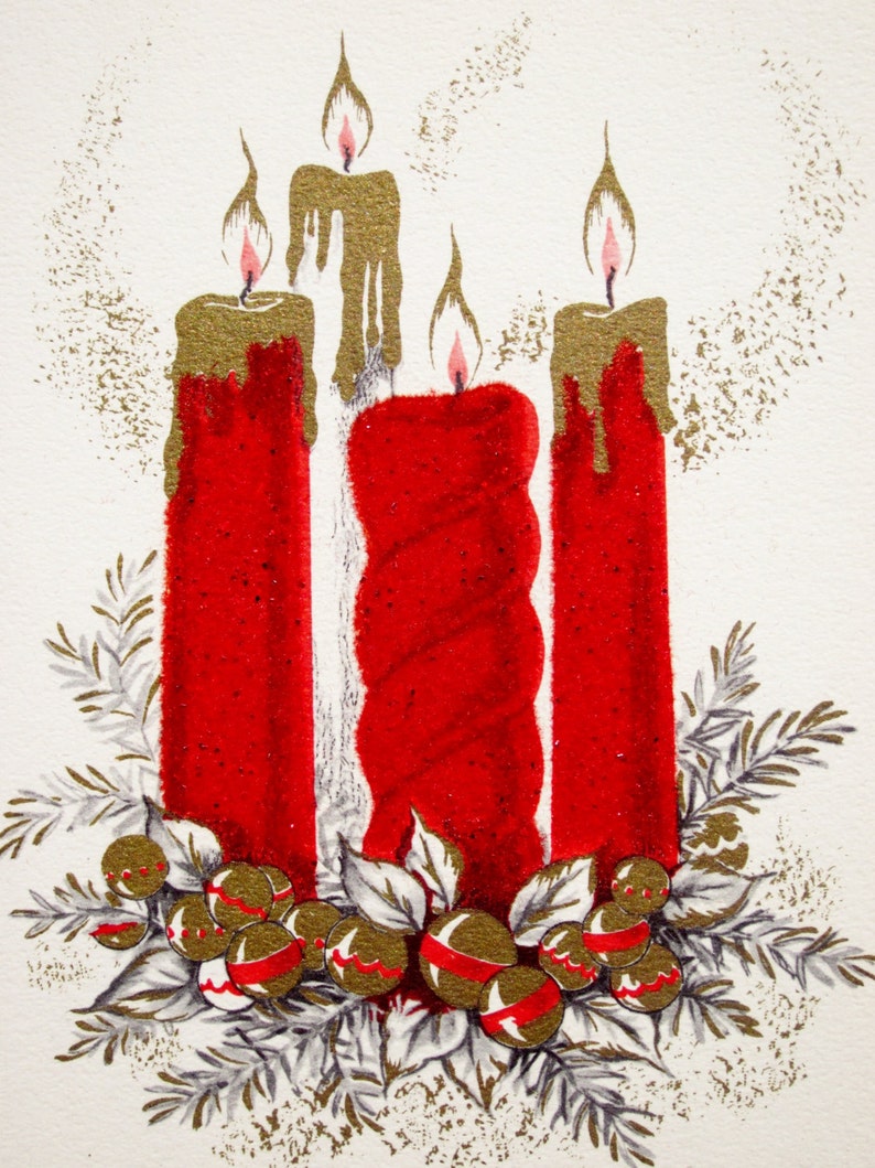 Vintage Unused Christmas Card Featuring Red Flocked Candles With Glitter Accents Surrounded by a Advent Wreath of Holiday Bells Made in USA image 10