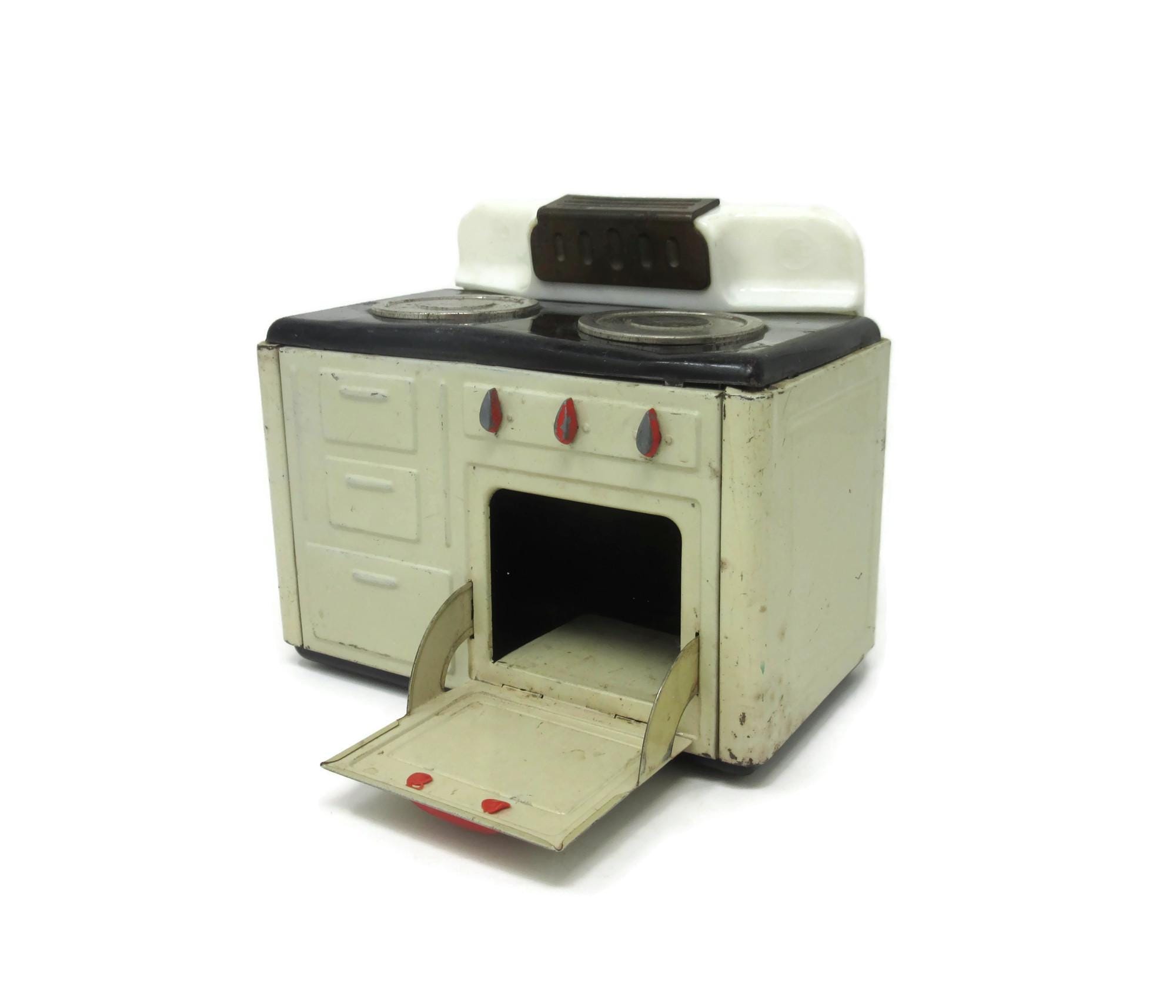 Vintage MFZ Tin Litho Metal Toy Stove With Red Oven Door