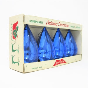 Vintage Jewelbrite Christmas Tree Ornaments Blue Teardrop Shape Set of Four in Original Box Shiny Plastic Unbreakable Holiday Decorations image 2