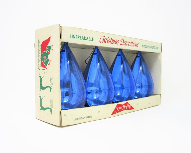 Vintage Jewelbrite Christmas Tree Ornaments Blue Teardrop Shape Set of Four in Original Box Shiny Plastic Unbreakable Holiday Decorations image 2