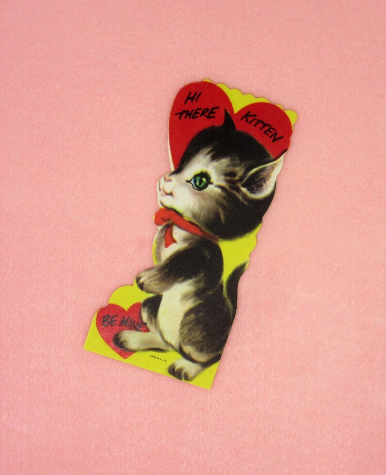 Vintage Unused Valentines Day Card Featuring a Retro Kitty with Green Eyes Hi There Kitten Be Mine Perfect for Your Valentine or Sweetheart image 2