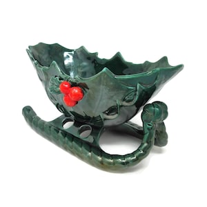 Vintage Decorative Lefton Christmas Sleigh Candy Dish with Green Holly and Red Berries Holiday Table Top Centerpiece Home Decoration Japan
