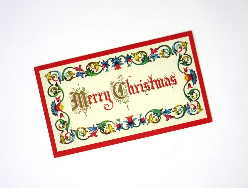 Vintage Unused Merry Christmas and Happy New Year Embossed Greeting Card with Festive Red Border and Floral Design Holiday Season Greetings zdjęcie 9