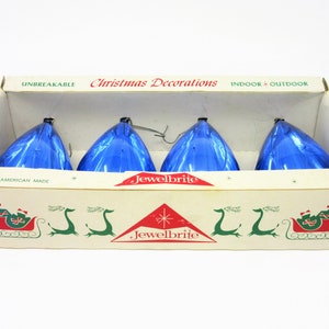 Vintage Jewelbrite Christmas Tree Ornaments Blue Teardrop Shape Set of Four in Original Box Shiny Plastic Unbreakable Holiday Decorations image 9