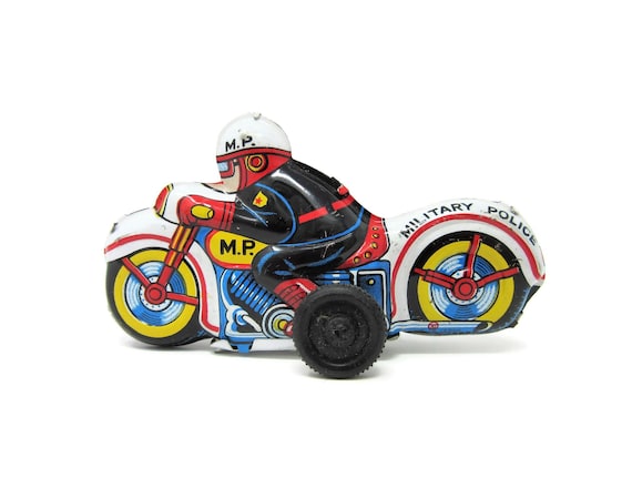 Vintage Metal Tin Litho Toy Military Police Motorcycle Friction