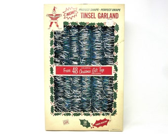 Vintage Holly Brand Christmas Tree Tinsel Garland Silver Blue Green 18 Feet with 48 Gift Tags in Original Box Festive Holiday Decorations