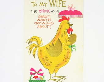 Vintage Unused Happy Easter To My Wife Greeting Card Featuring a Funny Rooster Crowing About His Chick, Humorous Card Rust Craft Made in USA