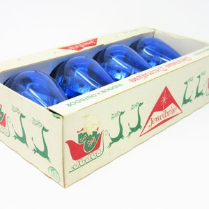 Vintage Jewelbrite Christmas Tree Ornaments Blue Teardrop Shape Set of Four in Original Box Shiny Plastic Unbreakable Holiday Decorations image 5