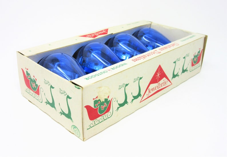 Vintage Jewelbrite Christmas Tree Ornaments Blue Teardrop Shape Set of Four in Original Box Shiny Plastic Unbreakable Holiday Decorations image 5