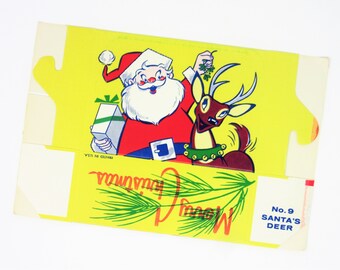 Vintage Unused Merry Christmas Candy Box Featuring Santa Claus Holding Mistletoe Over a Reindeer, Festive Holiday Decoration Xmas Home Decor